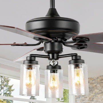 Lucas 52" Rustic Industrial Iron/Wood/Seeded Glass Mobile-App/Remote-Controlled LED Ceiling Fan - JONATHAN Y